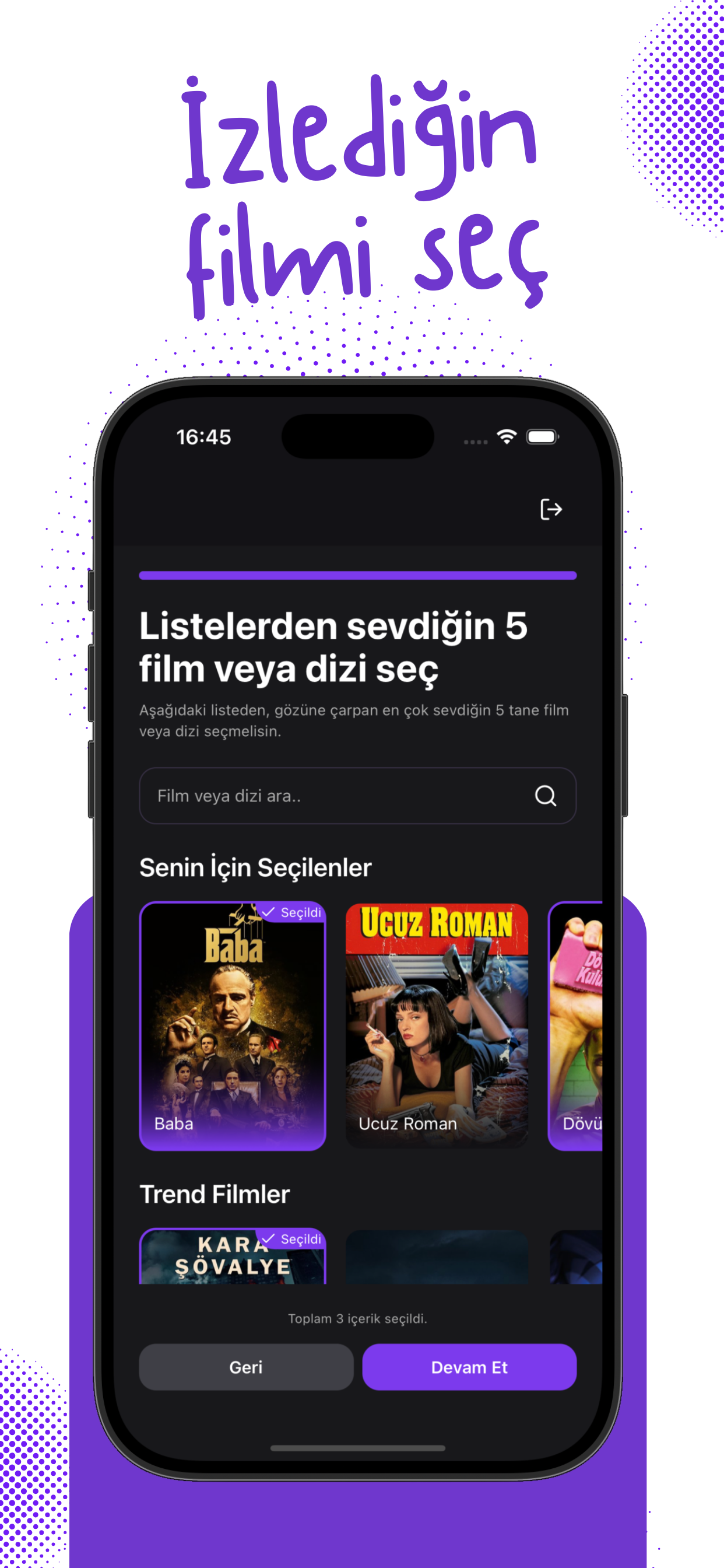 CinePals movie selection screen where you pick your favorite films